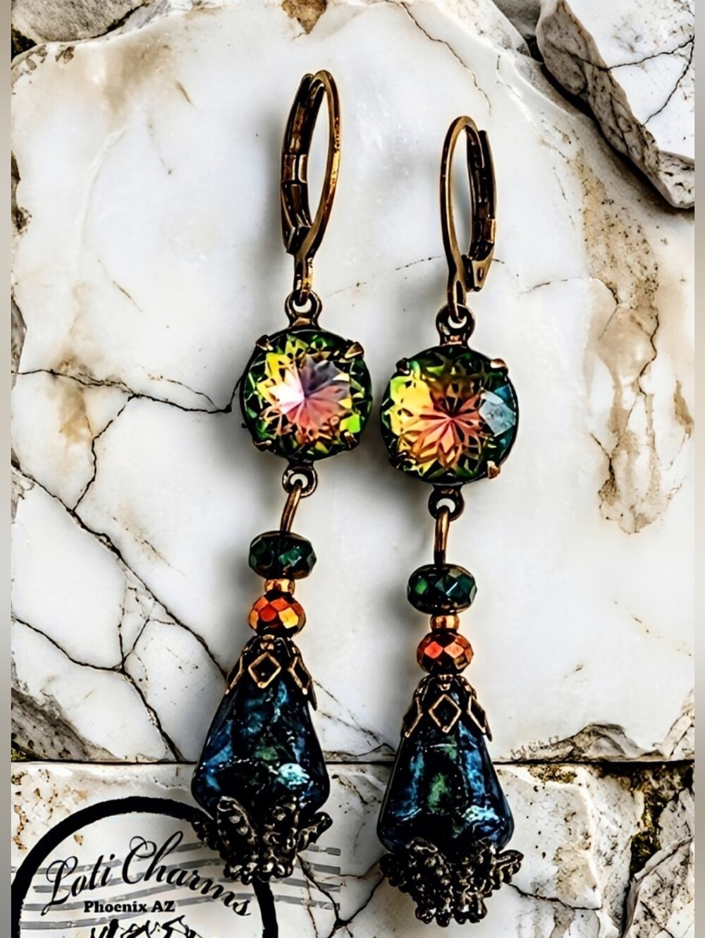 Victorian Mettalic Green And Glass Flower Mosaic Dangle Earrings In Brass